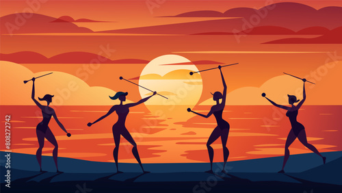 A stunning sunset serving as the backdrop for a group of baton twirlers showcasing their skills on the beach.. Vector illustration