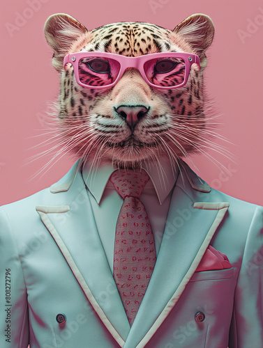 anthropomorphic leopard wearing a business suit and sunglasses, pastel color scheme