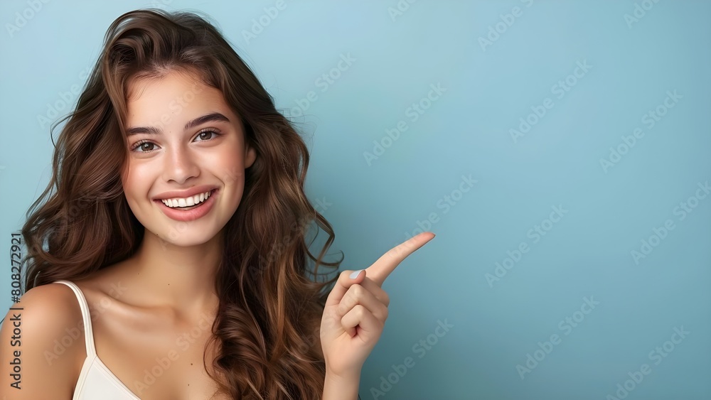 A young woman smiling and pointing to the side on blue background. Concept Outdoor Photoshoot, Joyful Portraits, Playful Poses A young woman smiling and pointing to the side on blue background. Concept Outdoor Photoshoot, Joyful Portraits, Playful Poses