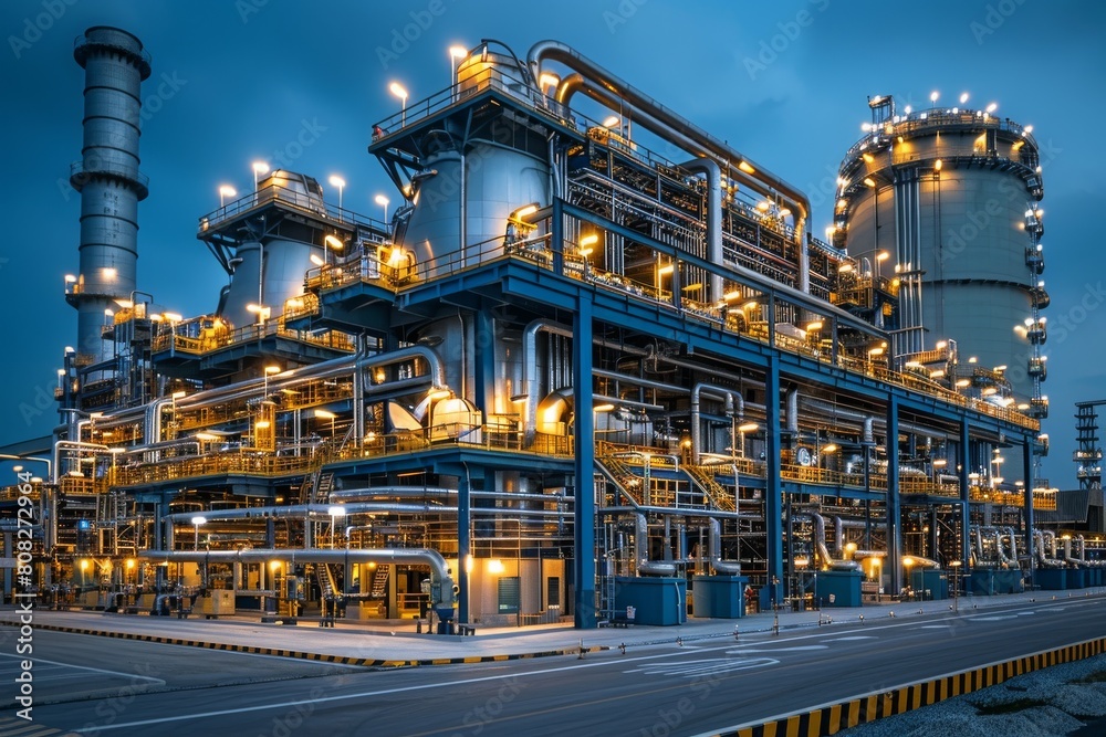 An industrial facility with intricate piping and structures glows against the twilight sky, highlighting the complexities of energy production An industrial facility with intricate piping and structures glows against the twilight sky, highlighting the complexities of energy production