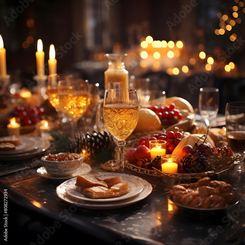 Festive table setting for Christmas or New Year dinner. Festive table decoration with candles and wine.