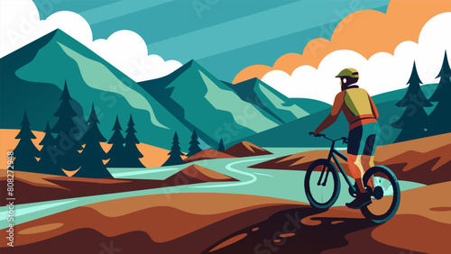 Caked in mud and sweat a downhill biker takes a quick break surveying the breathtaking mountain vista before continuing their journey.. Vector illustration