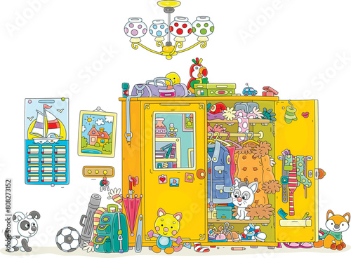 Funny little puppy and kitten playing hide and seek in a large closet full of different clothes, shoes, many other things and toys in a home hallway, vector cartoon illustration on white