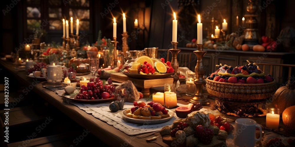 Easter table with food and candles. Panoramic image.