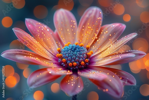 The soft glow and sparkling dewdrops on this pink flower create a dreamy  enchanting atmosphere in the image