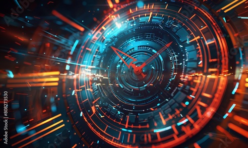 An abstract futuristic technology background showcases a clock concept intertwined with elements reminiscent of a time machine. This vector illustration allows for the rotation of clock hands