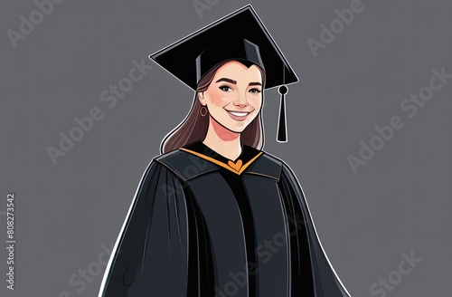 Happy graduate smiling on solid background. Young girl in black graduation hat with tassel and robe 