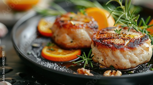   A plate of food showcasing meat and vegetables displayed on a table alongside additional culinary delights © Anna