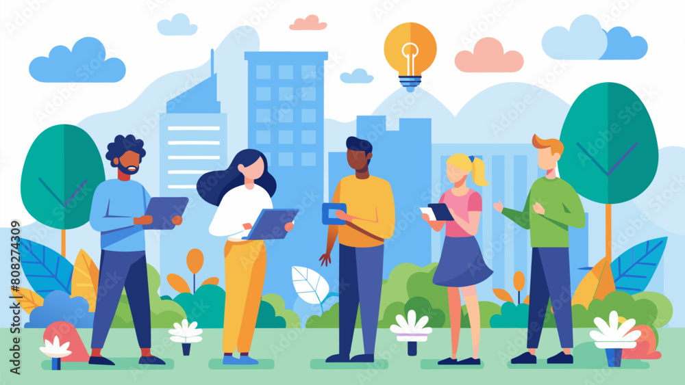 In a bustling city park a group of young tech entrepreneurs conduct a market research survey eager to gather feedback on their app idea from potential. Vector illustration