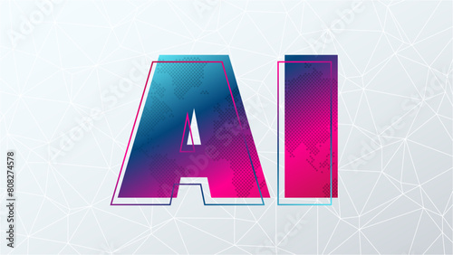Artificial intelligence. Blue pink gradient AI symbol with world map contour. Deep learning. Smart digital technology. Vector illustration for science, presentation, concept design, business