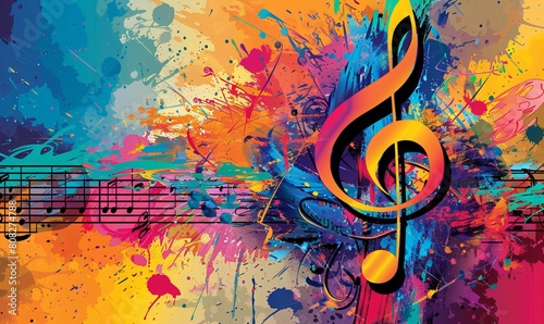 A vibrant and captivating music promotional poster features a prominent G-clef and an array of colorful music notes, set against an artistic abstract background with a music staff. photo