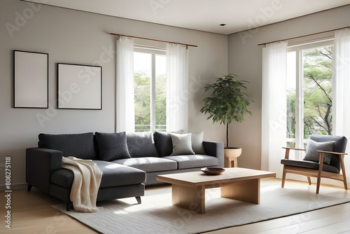 A living room with a couch coffee table and a plant on the table  interior design of modern home.