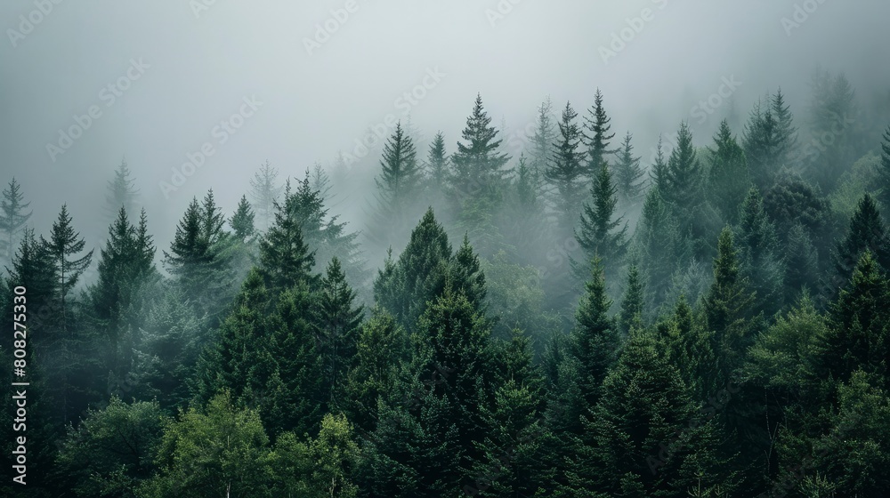 A dense forest shrouded in mist, with dark green trees against the grey sky. fog and tall pine trees.