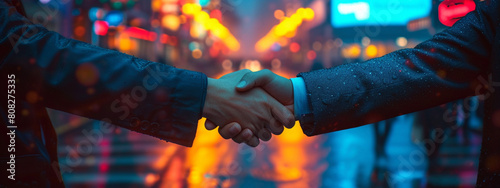 Corporate Accord: Precisionist Lines Define Handshake of Two Business People, Dark Indigo & Sky-blue Palette, Provia Photo, Octane Render photo