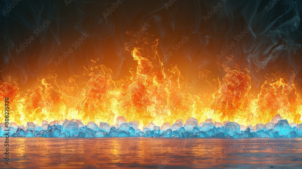   A group of fire and ice floating on water against a dark backdrop