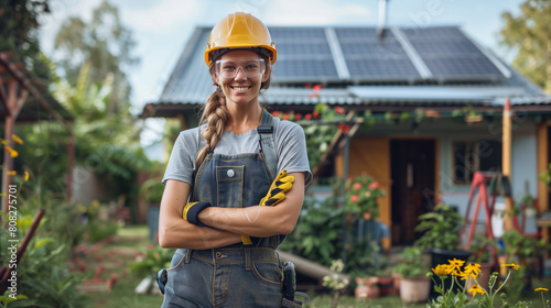 Technician with helmet mounting photovoltaic solar panels on the roof of a block of a residential block of apartments. Install solar panels on roof of a house. Renewable and eco energy concept. Image 