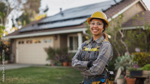 Technician with helmet mounting photovoltaic solar panels on the roof of a block of a residential block of apartments. Install solar panels on roof of a house. Renewable and eco energy concept. Image 