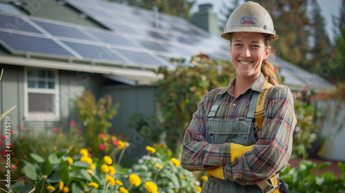 Technician with helmet mounting photovoltaic solar panels on the roof of a block of a residential block of apartments. Install solar panels on roof of a house. Renewable and eco energy concept. Image 