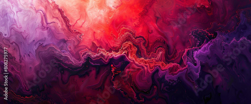 A fusion of cherry red and plum purple swirling dynamically, like a whirlwind of color dancing across the sky. photo