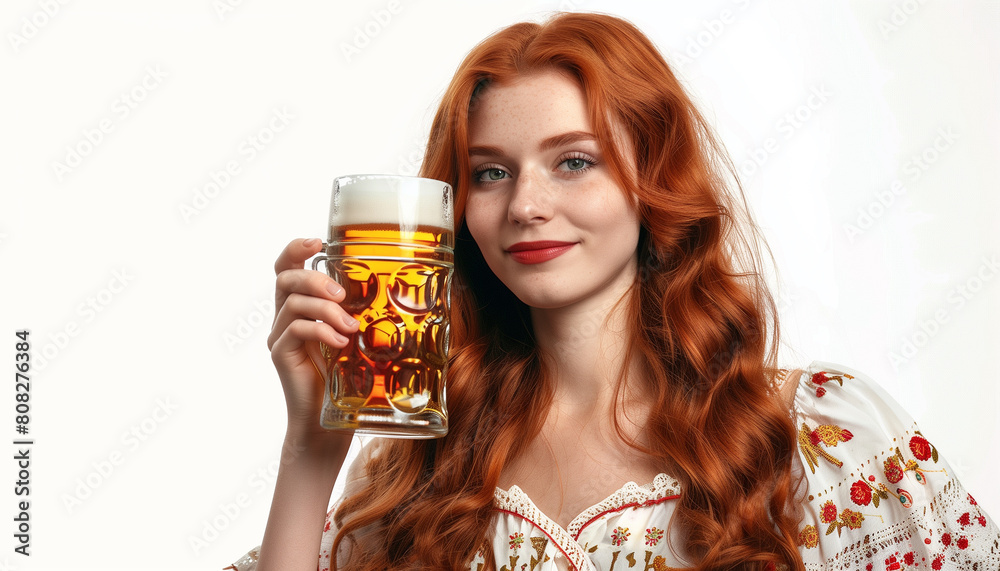 Pretty red-haired girl with folk medieval dress holding beer glass Pretty red-haired girl with folk medieval dress holding beer glass