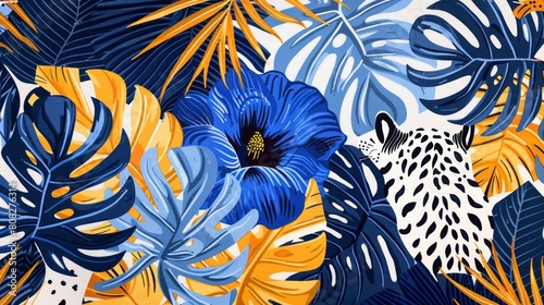 A pattern of navy blue, white and yellow palm leaves with bright orange accents, a large blue pansy flower