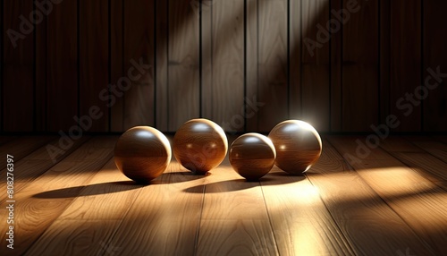 Four wooden spheres of different sizes are placed on a wooden floor illuminated by a beam of light on a dark wall background. photo