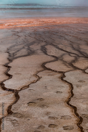 A close up of the geothermal ground at the Grand Prismatic Spring in Yellowstone