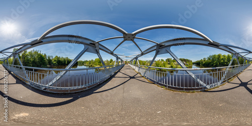 full seamless spherical 360 hdri panorama on iron steel frame construction of pedestrian bridge across the river in equirectangular projection, ready for VR virtual reality content © hiv360