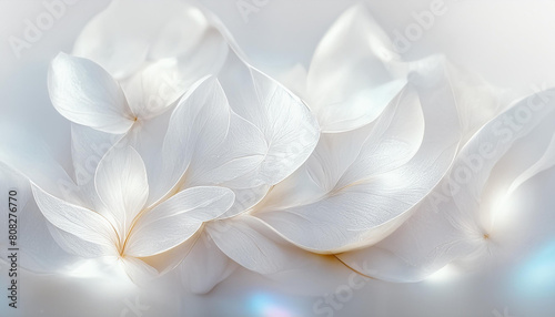 White abstract flowers, 3D, digital art. Total white background, shiny and glowing brilliant effect.