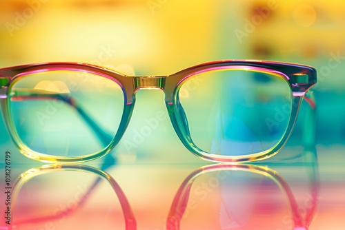 Eyeglasses for vision with interesting lighting lying on the table. Vision problems © Alina Zavhorodnii