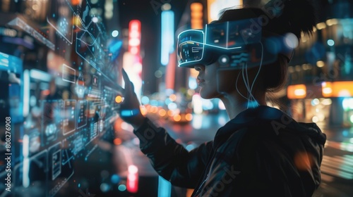 Business person wearing VR headset with financial statistic holographic floating. Close up of smart project manager looking at hologram of marketing graph while using visual reality goggle. AIG42. © Summit Art Creations