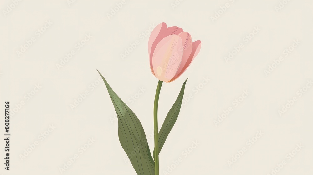 a light pink colour tulip with leaf and stem on white background