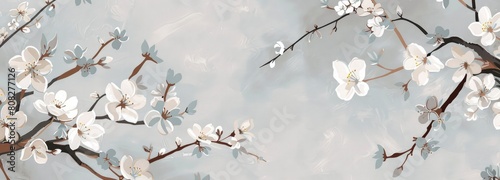 painting of cherry blossoms in shades of pale blue on light gray background