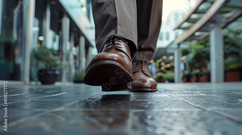 Man walking in brown leather shoes on a reflective city floor. Close-up photography. Business lifestyle concept