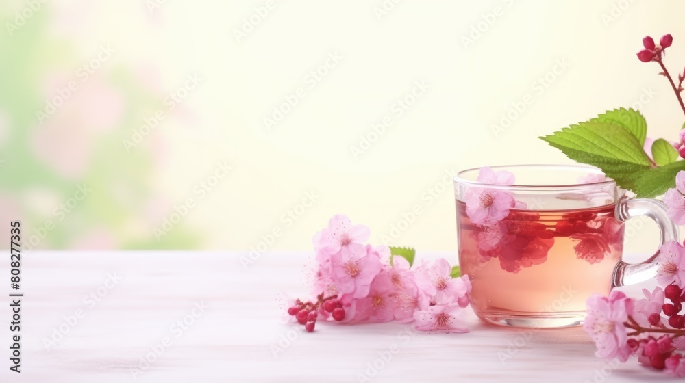 Herbal tea with flower buds next to it on a light background, close-up. The concept of medicinal drinks, alternative medicine.