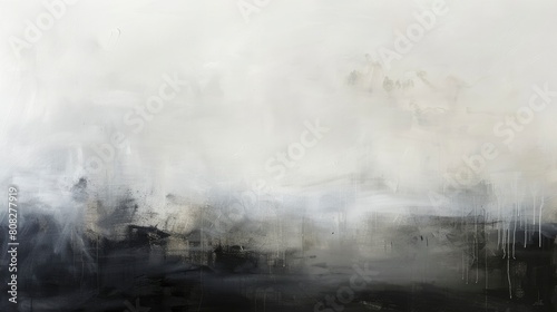 Abstract black and white painting  neutral tones  soft texture  foggy landscape with distant buildings  minimalist style  monochromatic palette  gentle brush stroke