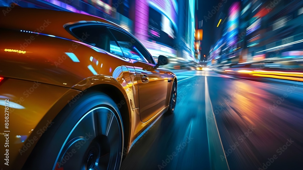 Quick car speeding through city at night with blurred lights streaking. Concept Night Cityscape, Speeding Car, Blurred Lights, Urban Lifestyle