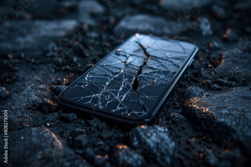 Phone with cracked glass screen on the surface of broken concrete, in a dark environment photo