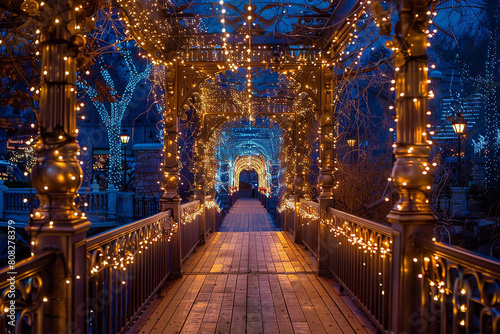 Festive holiday lights adorning every inch of a charming bridge.
