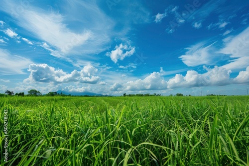 Beautiful green grass field with blue sky background
