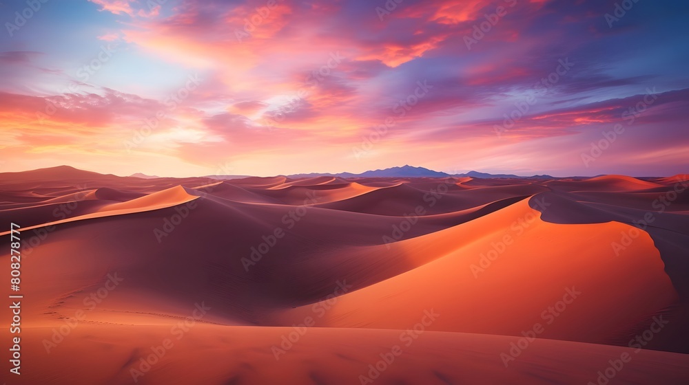 Sunset in the desert sand dunes. Panoramic view.