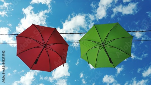 Vibrant red and green umbrellas swaying gently in the breeze against a picturesque blue sky adorned with soft  fluffy white clouds on a bright and cheerful sunny day