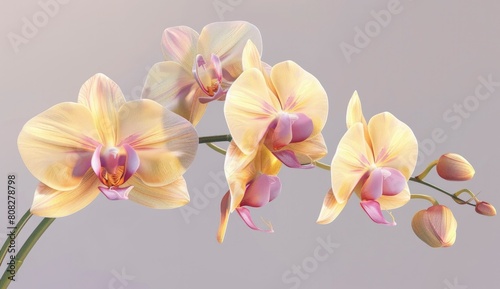 Beautiful beige colour orchid flower branch on a grey background