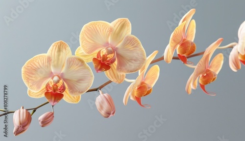 Beautiful beige colour orchid flower branch on a grey background