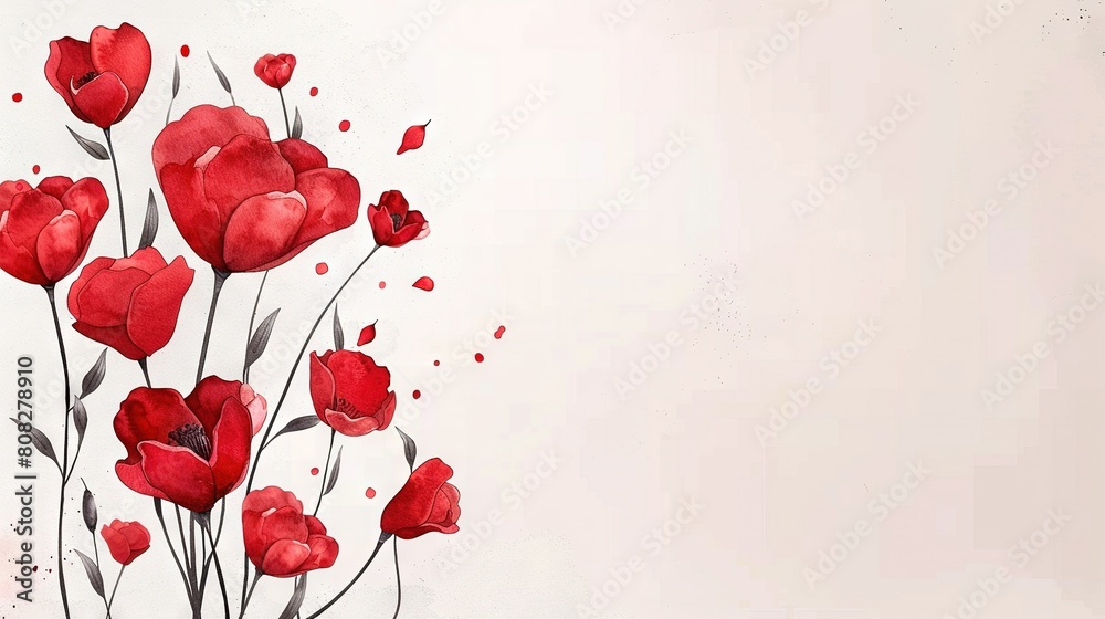   Red flowers on white canvas; space for text on left side