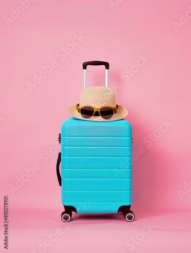 Blue suitcase with sunglasses and hat on top with pink background