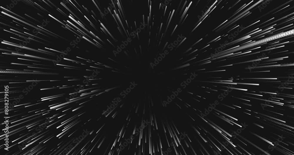 Hyperspace jump through the stars into space. Animated background of white particles lines forming a tunnel. bright neon hyper speed jump to another universe with speeding light trails