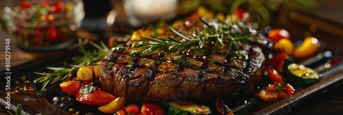 Sizzling Steak, Grill Marks, Fresh Herbs, Colorful Vegetables