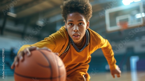 Portrait of attractive sport student playing basketball at sport arena. Professional young enthusiastic basketball player dribbling basketball while training or practicing at sport stadium. AIG42.