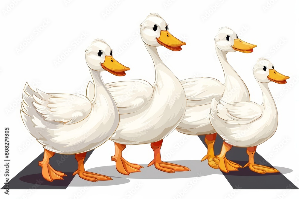 Obraz premium A cute clipart of a family of ducks crossing a quiet street, simple clipart isolated white background
